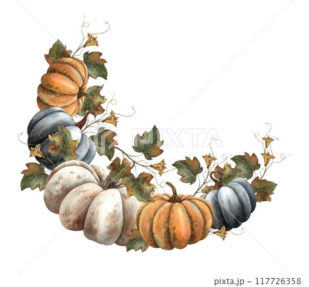 Black, white and orange pumpkins with autumn large withered leaves. Handmade watercolor semicircle frame on autumn theme. Suitable for Halloween, Thanksgiving, banners, postcards, packaging 117726358