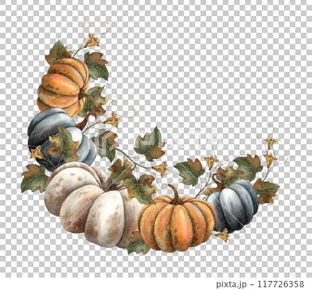 Black, white and orange pumpkins with autumn large withered leaves. Handmade watercolor semicircle frame on autumn theme. Suitable for Halloween, Thanksgiving, banners, postcards, packaging 117726358