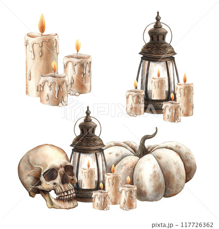 White pumpkin, antique copper lantern with wax candles and human skull. Set of three watercolor compositions in Gothic style. Suitable for Halloween design, vintage postcards, posters, packaging White pumpkin, antique copper lantern with wax candles and human skull. Set of three watercolor compositions in Gothic style. Suitable for Halloween design, vintage postcards, posters, packaging 117726362