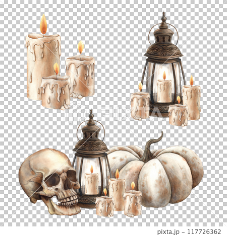 White pumpkin, antique copper lantern with wax candles and human skull. Set of three watercolor compositions in Gothic style. Suitable for Halloween design, vintage postcards, posters, packaging 117726362