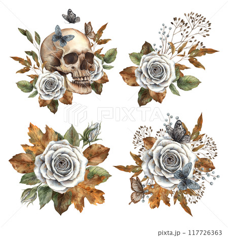 Realistic skull skeleton, white vintage roses. Set of compositions with autumn leaves, branches and butterflies. Watercolor set for autumn Halloween and Thanksgiving design, cards, packages Realistic skull skeleton, white vintage roses. Set of compositions with autumn leaves, branches and butterflies. Watercolor set for autumn Halloween and Thanksgiving design, cards, packages 117726363