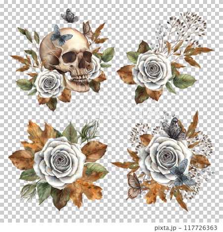 Realistic skull skeleton, white vintage roses. Set of compositions with autumn leaves, branches and butterflies. Watercolor set for autumn Halloween and Thanksgiving design, cards, packages 117726363
