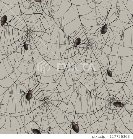 Fine lacy black web and realistic spiders. Hand-drawn watercolor pattern on beige background in Gothic style. Suitable for Halloween and Day of the Dead design, textiles, packaging, cards, posters 117726368