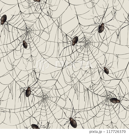 Fine lacy black web and realistic spiders. Hand-drawn watercolor pattern on beige background in Gothic style. Suitable for Halloween and Day of the Dead design, textiles, packaging, cards, posters 117726370