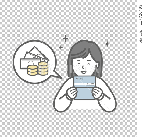 通帳を見て喜ぶ女性 117726495