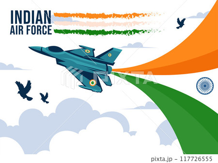 Indian Air Force Day Vector Illustration on 8th October, featuring a Waving Flag, Armed Forces, and Fighter Jet in a National Holiday Flat Background 117726555