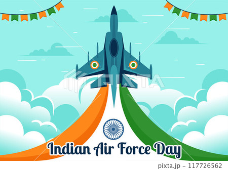 Indian Air Force Day Vector Illustration on 8th October, featuring a Waving Flag, Armed Forces, and Fighter Jet in a National Holiday Flat Background Indian Air Force Day Vector Illustration on 8th October, featuring a Waving Flag, Armed Forces, and Fighter Jet in a National Holiday Flat Background 117726562