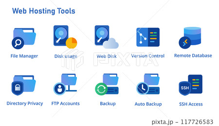 Icon set of web hosting panel tools from disk usage file folder manager auto backup SSH FTP access Icon set of web hosting panel tools from disk usage file folder manager auto backup SSH FTP access 117726583