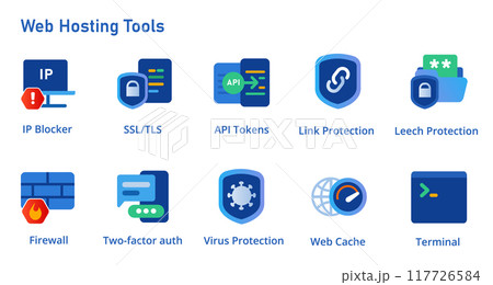 Web hosting tools icon set service from SSL IP blocker firewall API tokens web cache two factor authentication security tools blue element design Web hosting tools icon set service from SSL IP blocker firewall API tokens web cache two factor authentication security tools blue element design 117726584