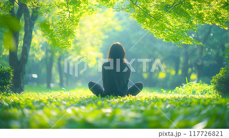 美しい自然の緑の中で瞑想する女性の後ろ姿 美しい自然の緑の中で瞑想する女性の後ろ姿 117726821