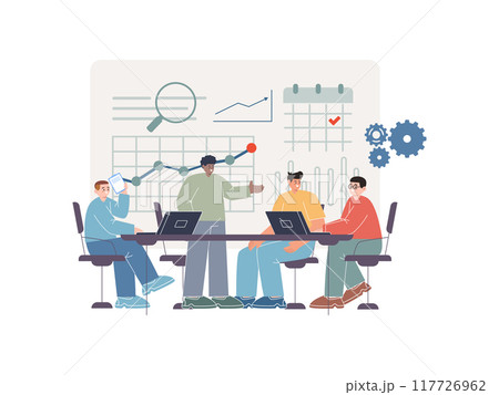 developing a business plan together four man useable discussion mind sharing idea brainstorming planning job strategy analysis group work teamwork team-mate project 117726962