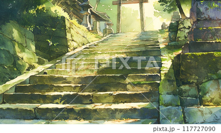 神社の境内に続く階段の水彩イラスト風景 117727090