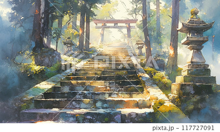 神社の境内に続く階段の水彩イラスト風景 117727091