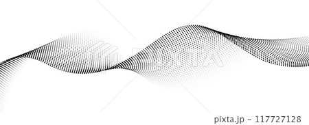 Dotted wave lines background. Black halftone undulate pattern. Curved dashed gradient design element for poser, banner, presentation, booklet. Abstract flowing particle dot line wallpaper. Vector 117727128