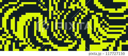 Pixelated curved wavy texture. Yellow and black dithered bent lines background. Digitalized warped stripes for banner, poster, flyer, brochure, booklet. Vector rasterized squiggle overlay wallpaper Pixelated curved wavy texture. Yellow and black dithered bent lines background. Digitalized warped stripes for banner, poster, flyer, brochure, booklet. Vector rasterized squiggle overlay wallpaper 117727130