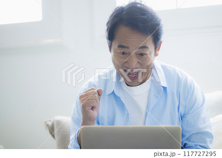 リビングでノートパソコンを使うミドル男性 117727295