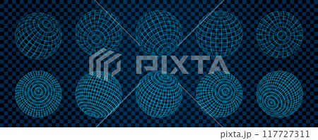 A series of 3D wireframe mesh spheres displayed on a checkered grid background. The abstract geometric globe shapes in a retro Y2K aesthetic, blending futuristic and digital design elements. A series of 3D wireframe mesh spheres displayed on a checkered grid background. The abstract geometric globe shapes in a retro Y2K aesthetic, blending futuristic and digital design elements. 117727311