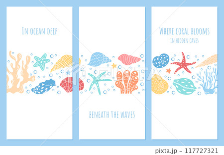 Explore ocean depths with blooming coral reefs flyer set. Featuring aquatic creatures and marine flora, the design showcases underwater sea life in a colorful, vibrant setting. Explore ocean depths with blooming coral reefs flyer set. Featuring aquatic creatures and marine flora, the design showcases underwater sea life in a colorful, vibrant setting. 117727321