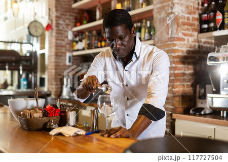 Professional bartender prepares cocktail for restaurant guests 117727504