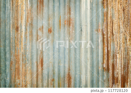 Old zinc wall texture background, rusty on galvanized metal panel sheeting. 117728120