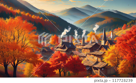 秋の紅葉が美しい村 01 117728239