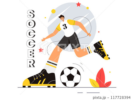 Soccer Vector Illustration featuring a Man Kicking a Soccer Ball on a Green Field for a Football League and Sports Match in a Flat Cartoon Background 117728394