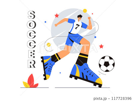 Soccer Vector Illustration featuring a Man Kicking a Soccer Ball on a Green Field for a Football League and Sports Match in a Flat Cartoon Background Soccer Vector Illustration featuring a Man Kicking a Soccer Ball on a Green Field for a Football League and Sports Match in a Flat Cartoon Background 117728396