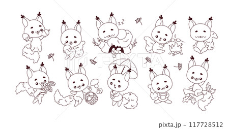 Line cartoon illustrations with squirrels in range of scenarios 117728512