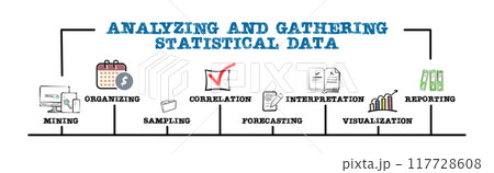 Analyzing and gathering statistical data Concept. Illustration with keywords and icons. Horizontal 117728608
