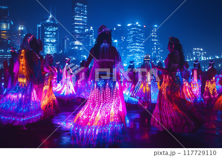 Night Festival Dance: LED Illuminated Costumes in a Cityscape. Night Festival Dance: LED Illuminated Costumes in a Cityscape. 117729110