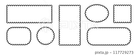 Border frame scallop edge rectangle, oval, round vector shape. Wave scallop squiggle cute simple rectangle border set. Simple wavy squiggly line retro photo picture frame. Vector 117729273
