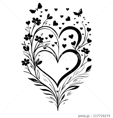 love heart flower butterfly valentine illustration element black 117729274