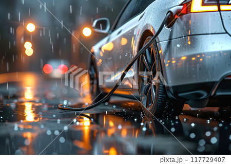 Electric car recharging battery from EV charging station at city center. AI Generated. 117729407