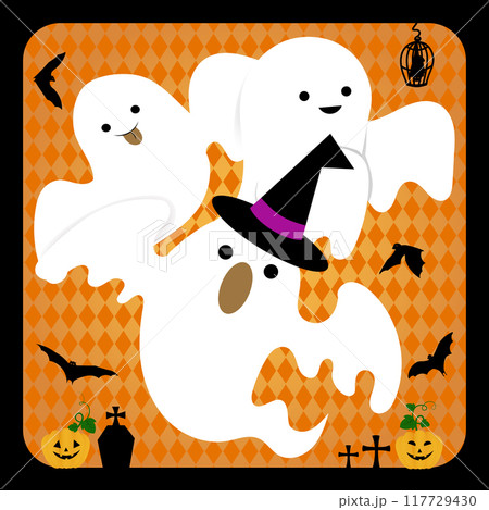 お化けやコウモリが飛ぶハロウィンのフレームイラスト 117729430