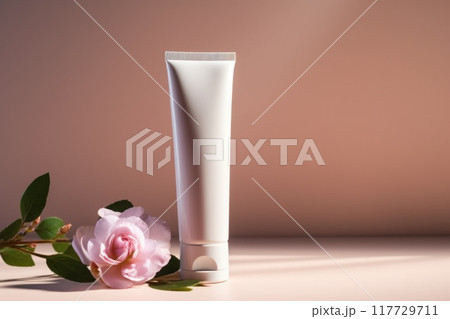 Elegant White Cosmetic Tube with Pink Flower on Pastel Background 117729711