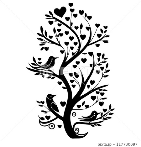 Valentine tree hearts and two birds illustration sketch element 117730097