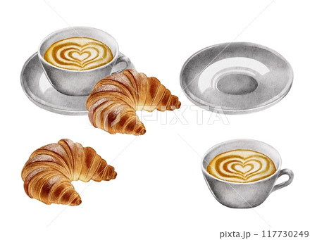 Coffee latte with croissant on white background Coffee latte with croissant on white background 117730249