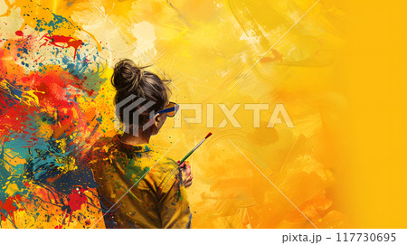 A young female artist wearing yellow is creating colorful abstract art on canvas, with vibrant splashes, showcasing her artistic expression and creativity in a studio setting A young female artist wearing yellow is creating colorful abstract art on canvas, with vibrant splashes, showcasing her artistic expression and creativity in a studio setting 117730695