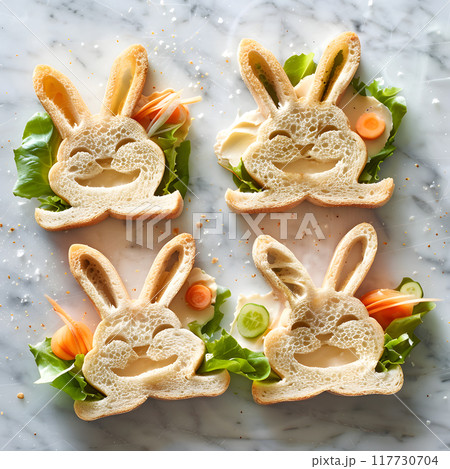 Learn to make adorable bunnyshaped sandwiches with fresh carrots and crisp lettuce. Perfect for children or themed gatherings. Follow easy instructions to craft these delightful snacks 117730704