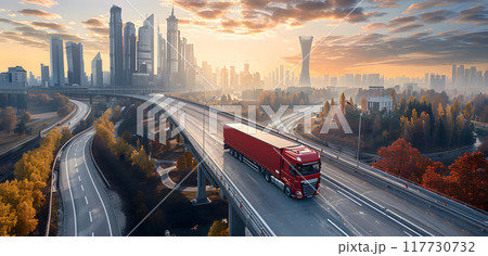 The dynamic image of a red truck on a bustling freeway, surrounded by autumn foliage and urban skyline against an active sky, symbolizes advancements and effectiveness in city transit The dynamic image of a red truck on a bustling freeway, surrounded by autumn foliage and urban skyline against an active sky, symbolizes advancements and effectiveness in city transit 117730732