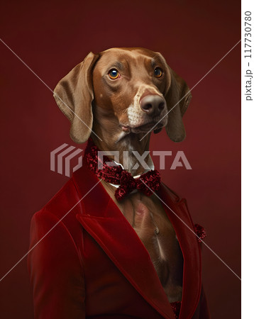A charming brown dog looks elegant in a stylish red velvet suit and bow tie against a sophisticated red background, expressing class and luxury with a hint of fashionable trend 117730780