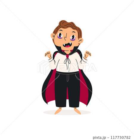 Funny boy in Halloween vampire costume. Baby boy dressed as a Dracula. Vector illustration. Happy and cute carnival kid. 117730782