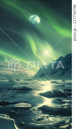 The Northern Lights create a mesmerizing spectacle in the starlit sky, illuminating the frozen landscape. This magical scene epitomizes the beauty and grandeur of nature at its peak 117730796