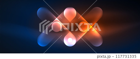 Abstract design pulsates with neon glowing light effects, casting an entrancing glow in the darkness, captivating the eye with its vibrant energy. Glass circles neon glowing light effects 117731335