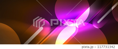 Abstract design pulsates with neon glowing light effects, casting an entrancing glow in the darkness, captivating the eye with its vibrant energy. Glass circles neon glowing light effects 117731342