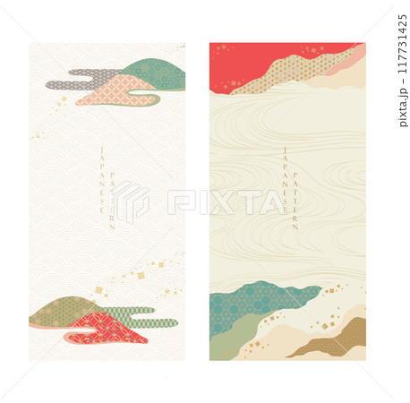 Japanese background with Asian traditional icon vector. Bonsai tree, wave pattern, bamboo and ribbon elements. Geometric pattern template in vintage style. 117731425