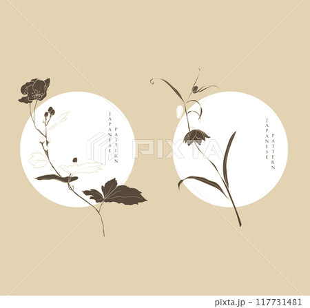 Set of hand drawn branch of flower with Japanese pattern vector. Oriental decoration with logo design, flyer or presentation in vintage style 117731481