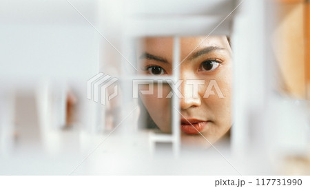 Closeup portrait of skilled asian architect reviewing house model. Manipulator. Closeup portrait of skilled asian architect reviewing house model. Manipulator. 117731990