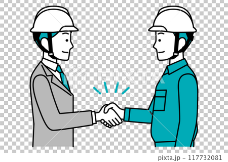 A man in a suit and green work clothes shaking hands 117732081