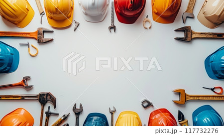 Labor Day Frame Border Background with Colorful Helmets and Tools on White Surface 117732276